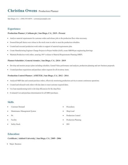 Production Planner Resume