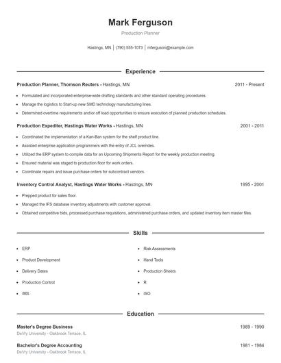 Production Planner Resume
