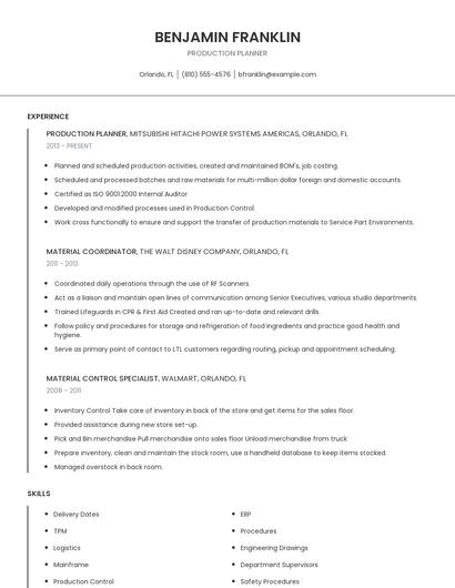 Production Planner Resume