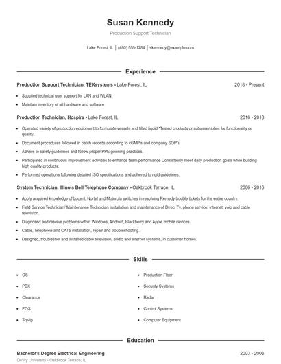 Production Support Technician Resume