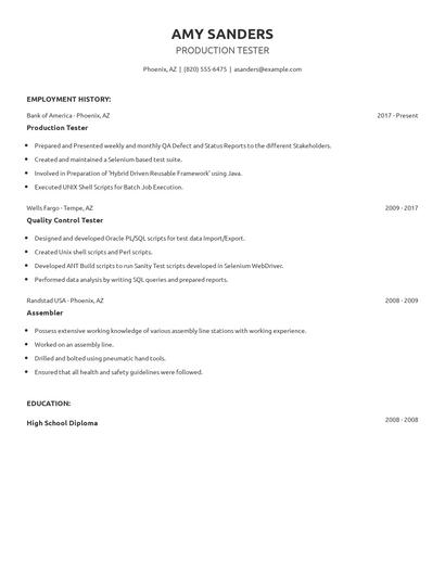 Production Tester Resume