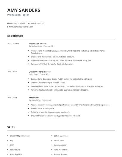 Production Tester Resume