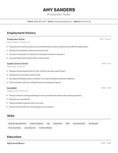 Production Tester Resume