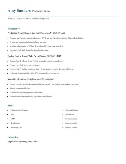 Production Tester Resume