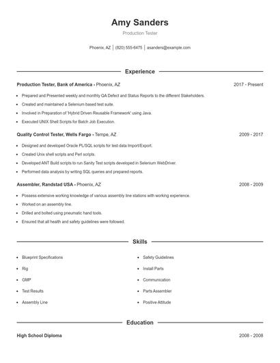 Production Tester Resume