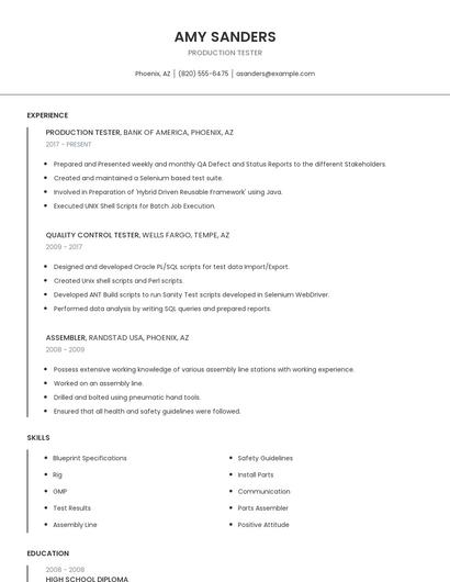 Production Tester Resume