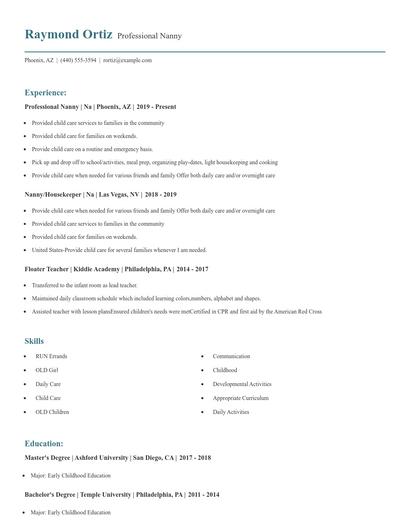 Professional Nanny Resume