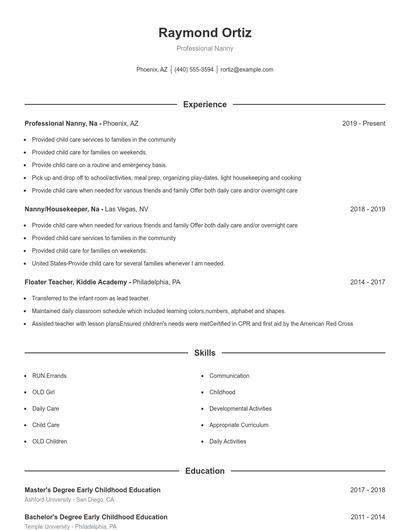 Professional Nanny Resume