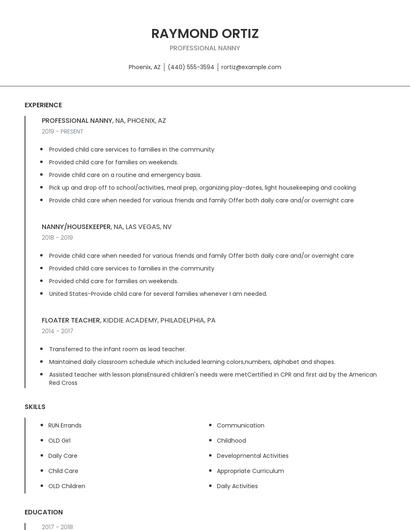 Professional Nanny Resume