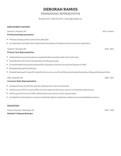 Professional Representative Resume