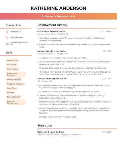 Professional Representative Resume