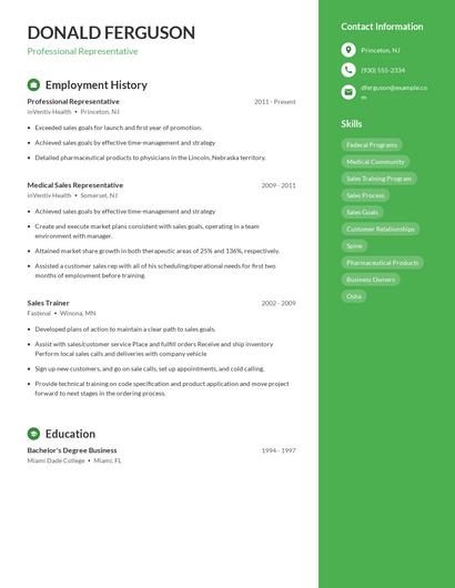 Professional Representative Resume