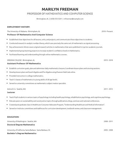 Professor Of Mathematics And Computer Science Resume