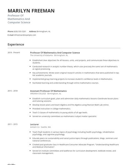Professor Of Mathematics And Computer Science Resume