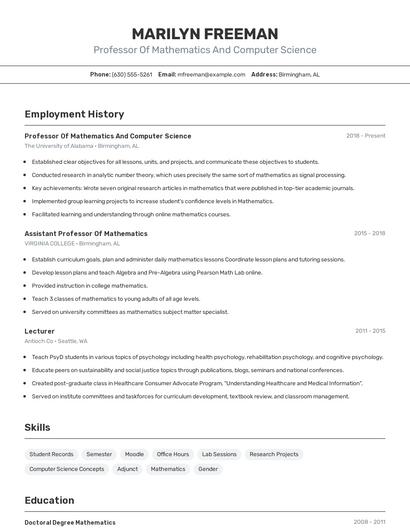 Professor Of Mathematics And Computer Science Resume