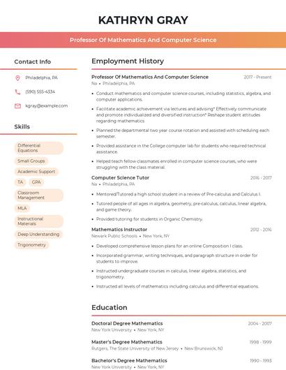 Professor Of Mathematics And Computer Science Resume