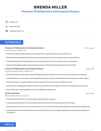 Professor Of Mathematics And Computer Science Resume