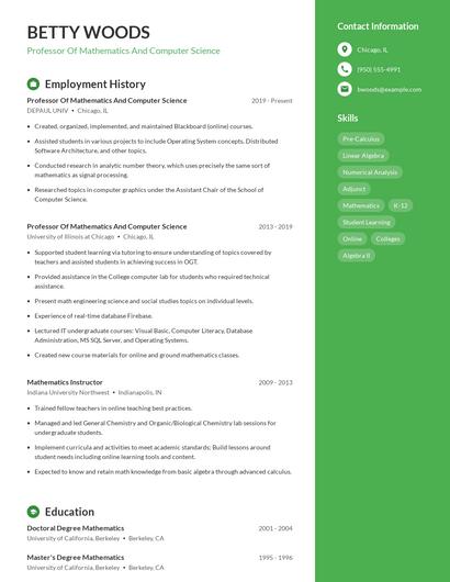 Professor Of Mathematics And Computer Science Resume
