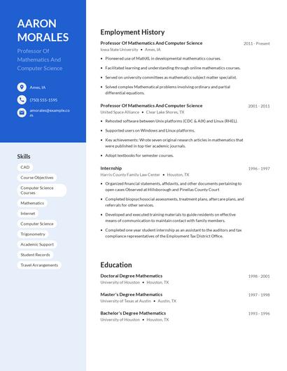 Professor Of Mathematics And Computer Science Resume
