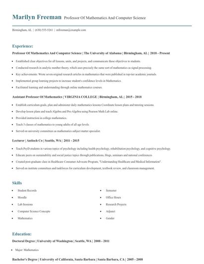 Professor Of Mathematics And Computer Science Resume