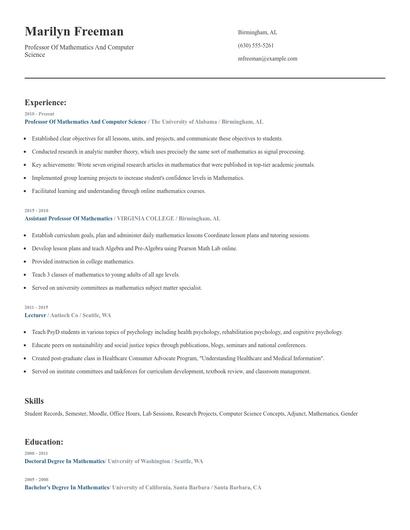 Professor Of Mathematics And Computer Science Resume