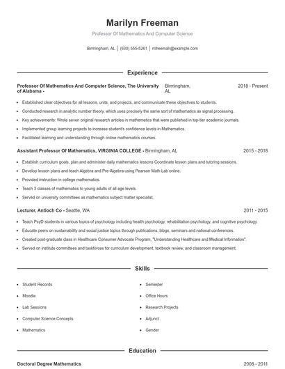 Professor Of Mathematics And Computer Science Resume