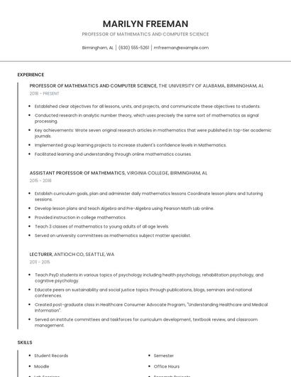 Professor Of Mathematics And Computer Science Resume