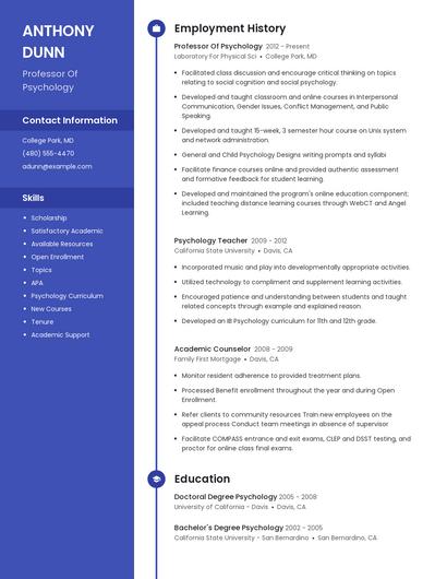 Professor Of Psychology Resume