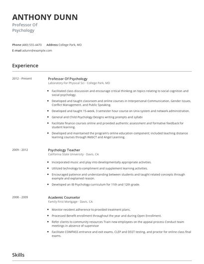 Professor Of Psychology Resume