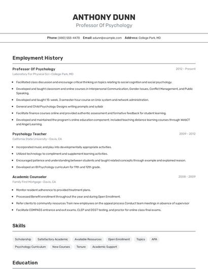 Professor Of Psychology Resume