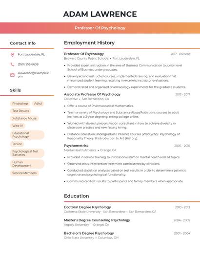 Professor Of Psychology Resume