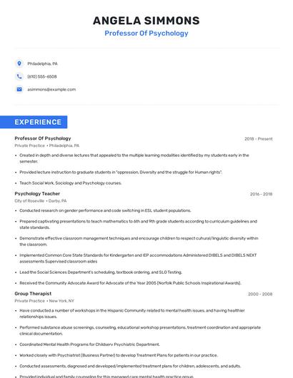 Professor Of Psychology Resume