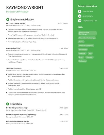 Professor Of Psychology Resume