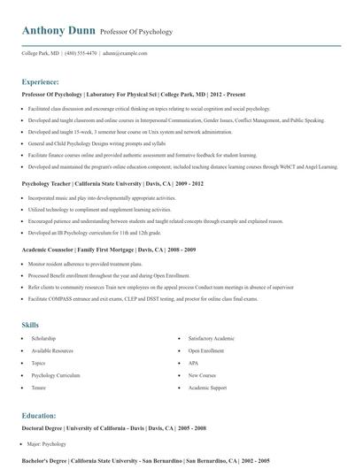 Professor Of Psychology Resume