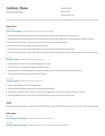 Professor Of Psychology Resume