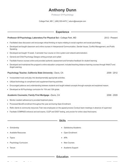 Professor Of Psychology Resume