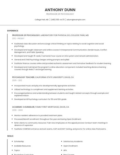 Professor Of Psychology Resume