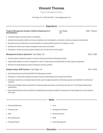 Program Management Analyst Resume