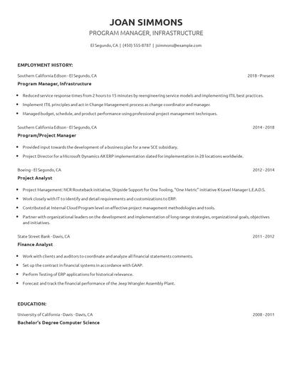 Program Manager, Infrastructure Resume