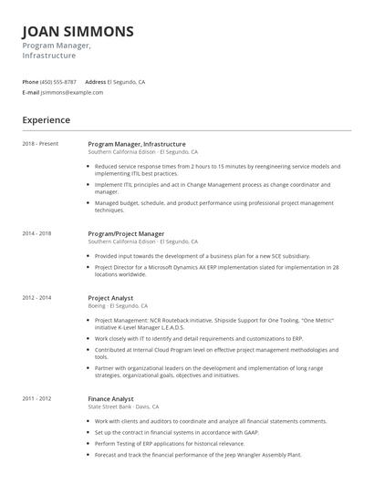Program Manager, Infrastructure Resume