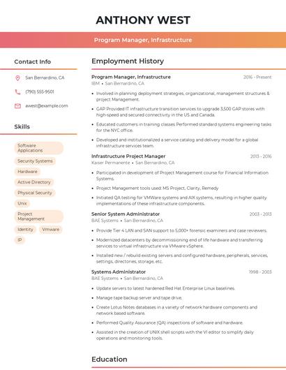 Program Manager, Infrastructure Resume