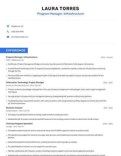 Program Manager, Infrastructure Resume