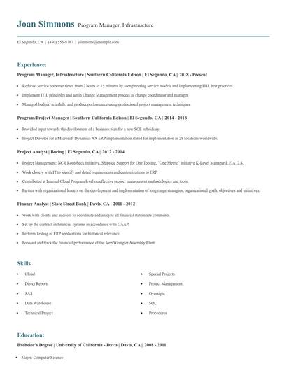 Program Manager, Infrastructure Resume
