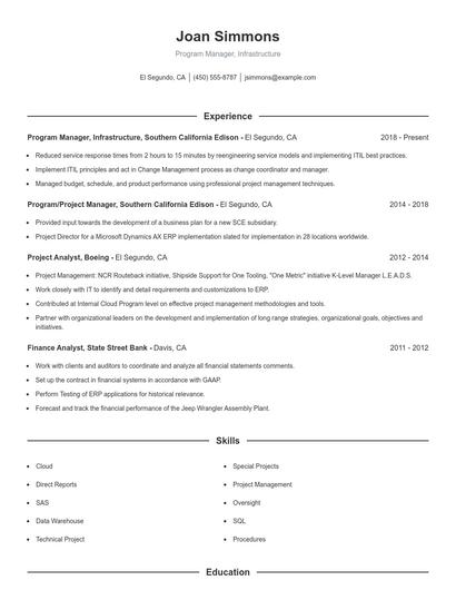 Program Manager, Infrastructure Resume