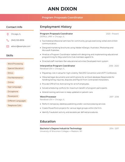 Program Proposals Coordinator Resume