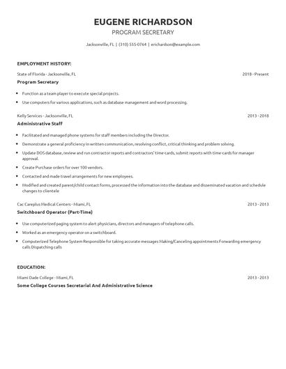 Program Secretary Resume