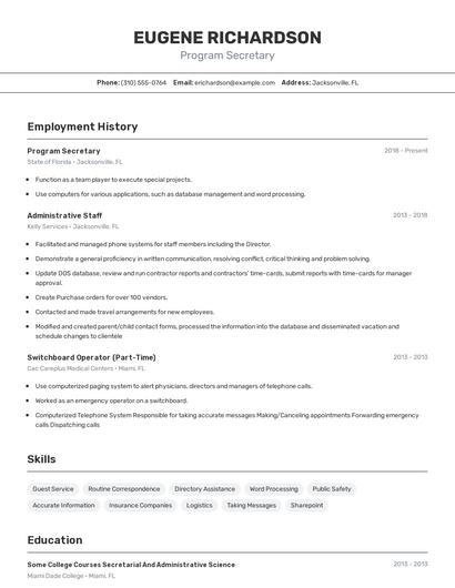 Program Secretary Resume