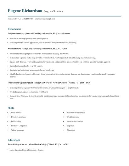 Program Secretary Resume