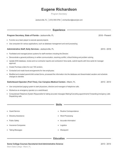 Program Secretary Resume
