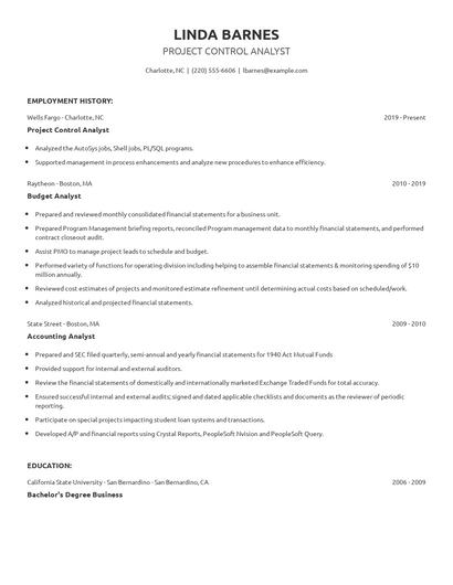 Project Control Analyst Resume